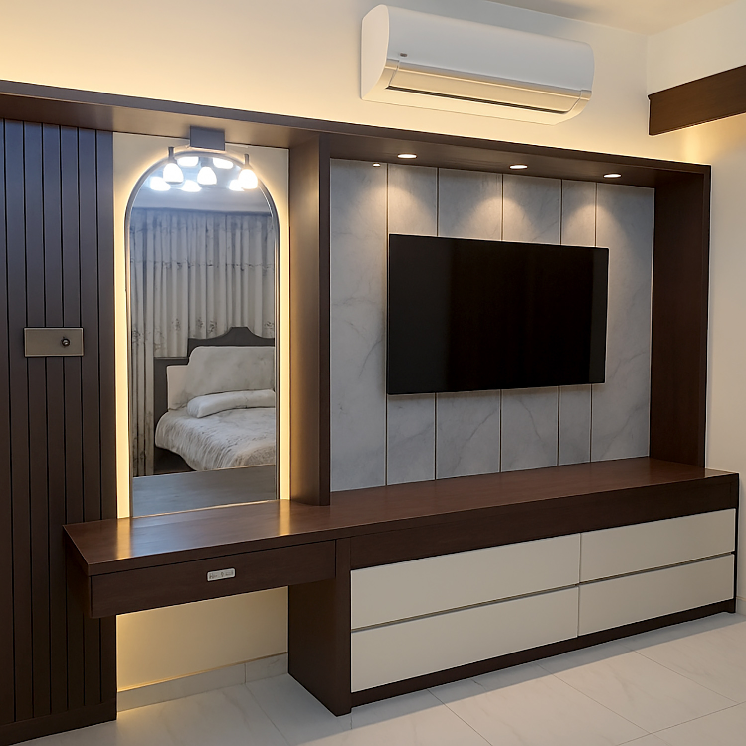 Master bedroom TV panel with dressing mirror and storage, modern bedroom design