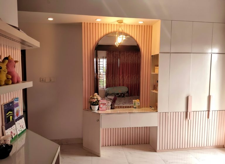 Child room dressing niche with wardrobe cabinets and curved arch with premium finishes