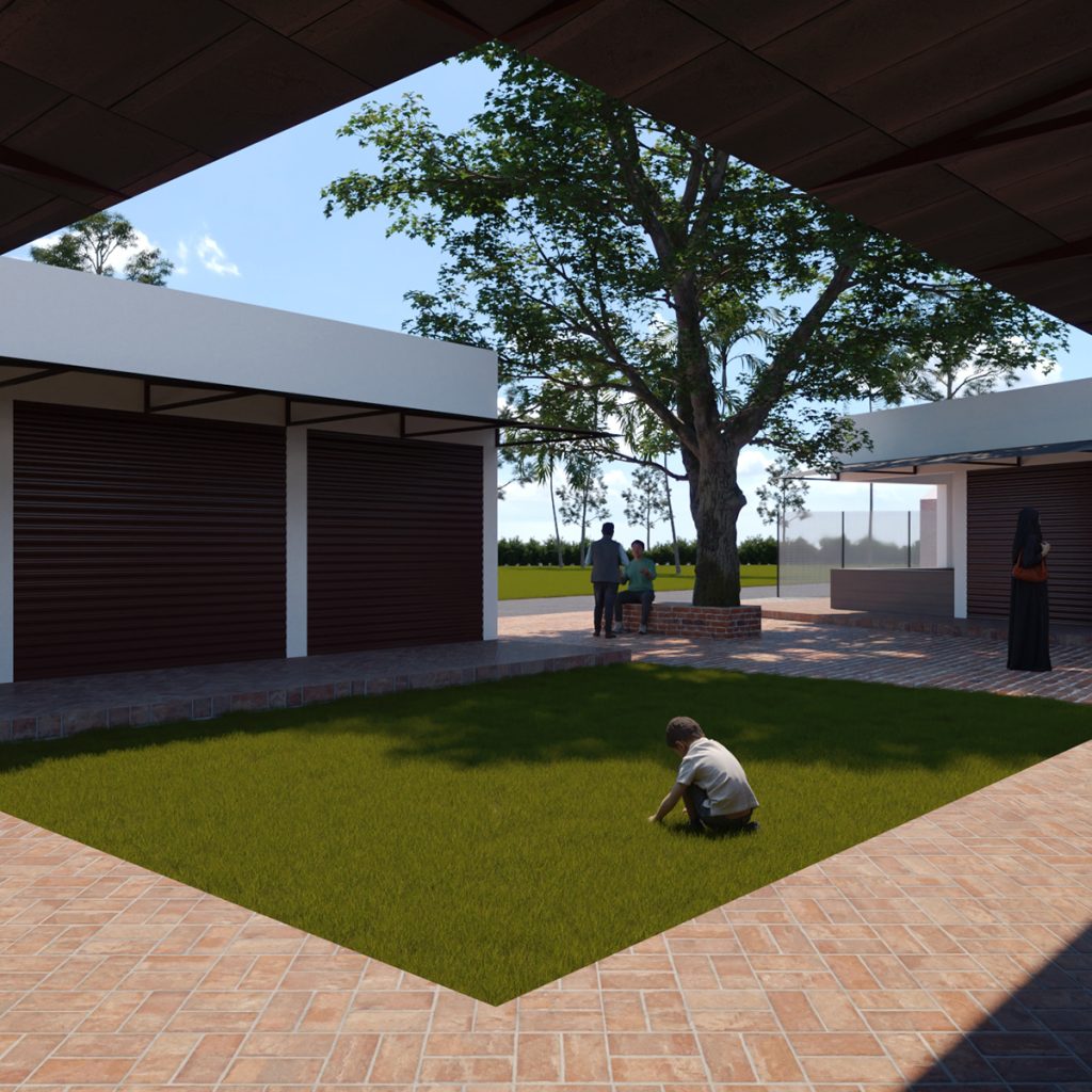 Central lawn in the courtyard with brick paving and canopy edge