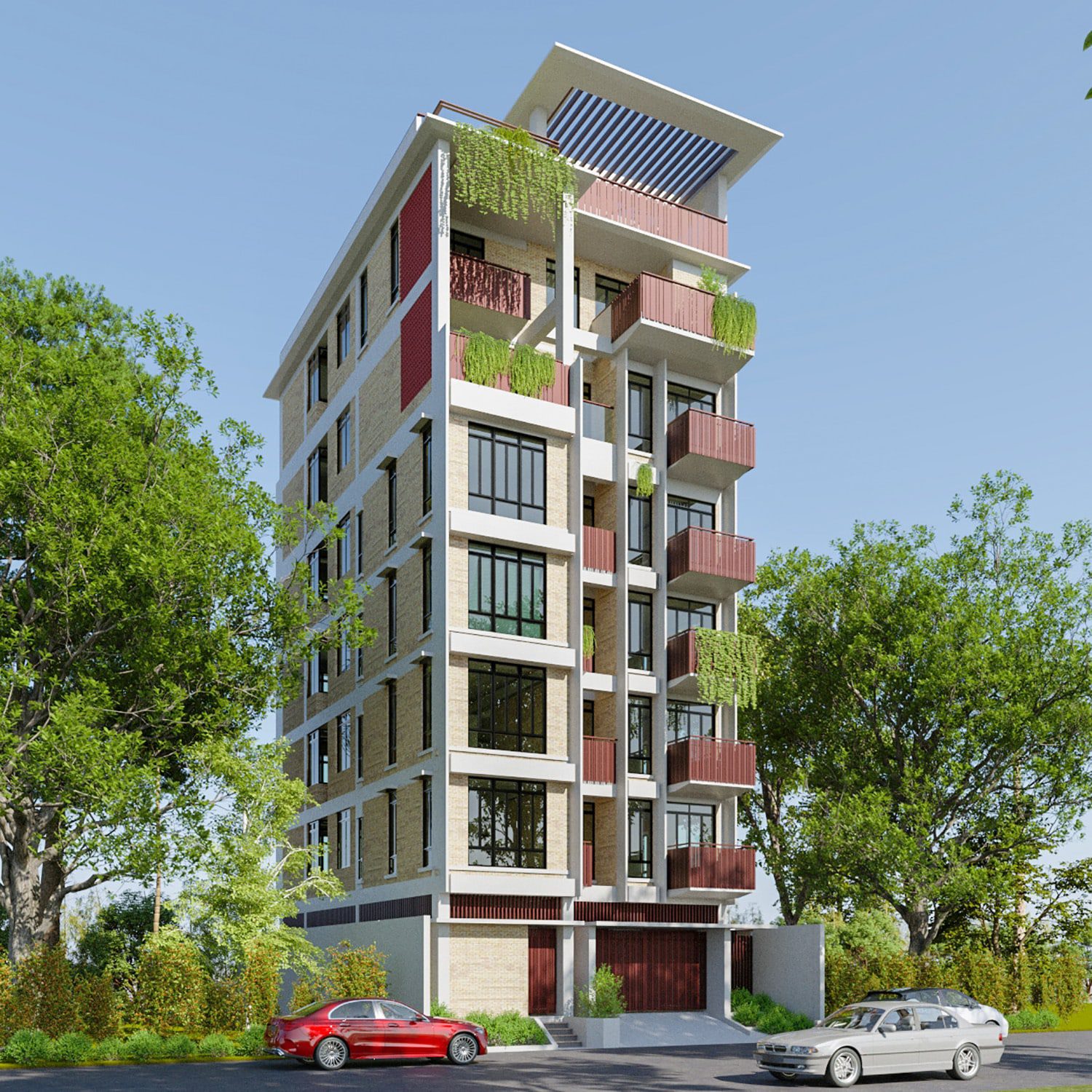 Side angle view of G+6 residential building design in Bashundhara, Dhaka by Studio Archifiction