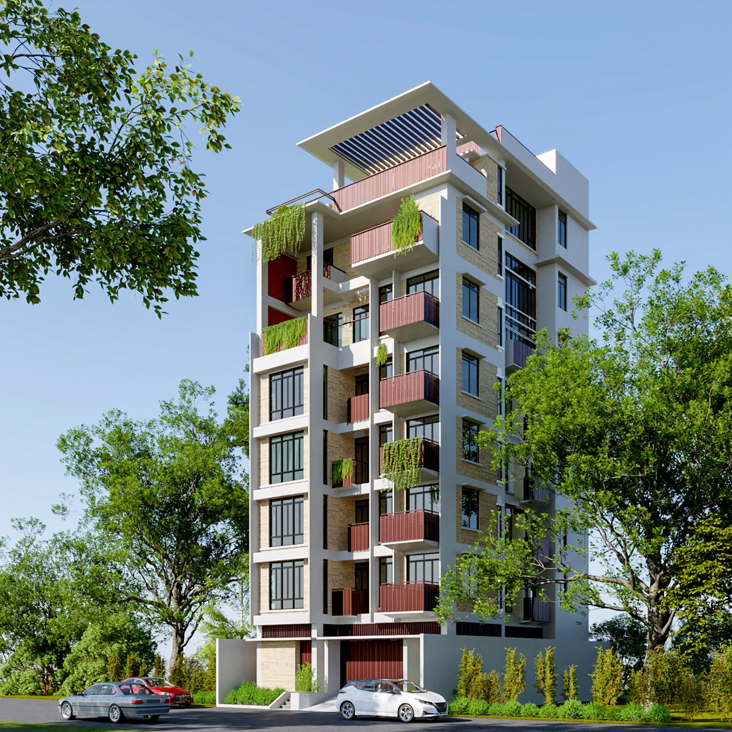 Perspective view of duplex building design in Bangladesh with balconies, parking level, and roadside green.
