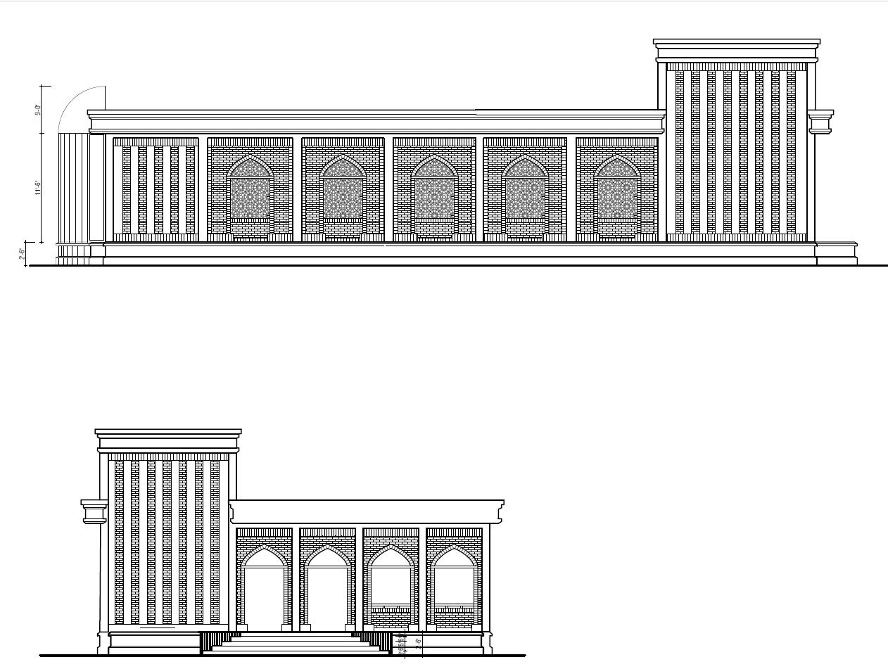 Architectural elevation drawing of Chandpur Madhyapara Jame Masjid showing facade detailing with arched motifs, mosque building design in Chadpur Maddhapara