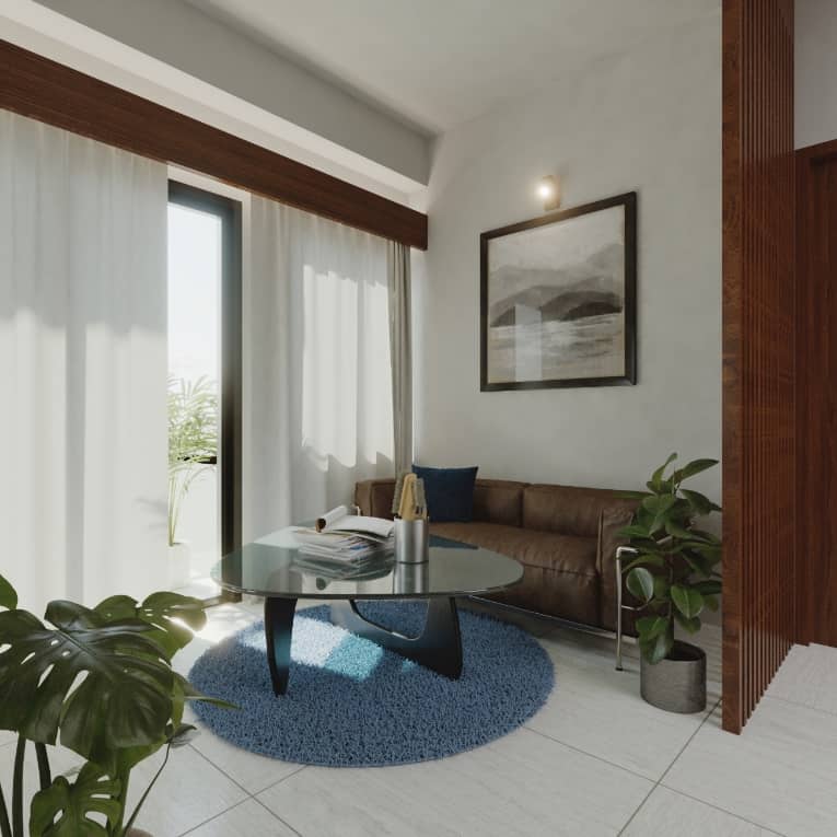 Living room seating with sofa, coffee table and balcony door