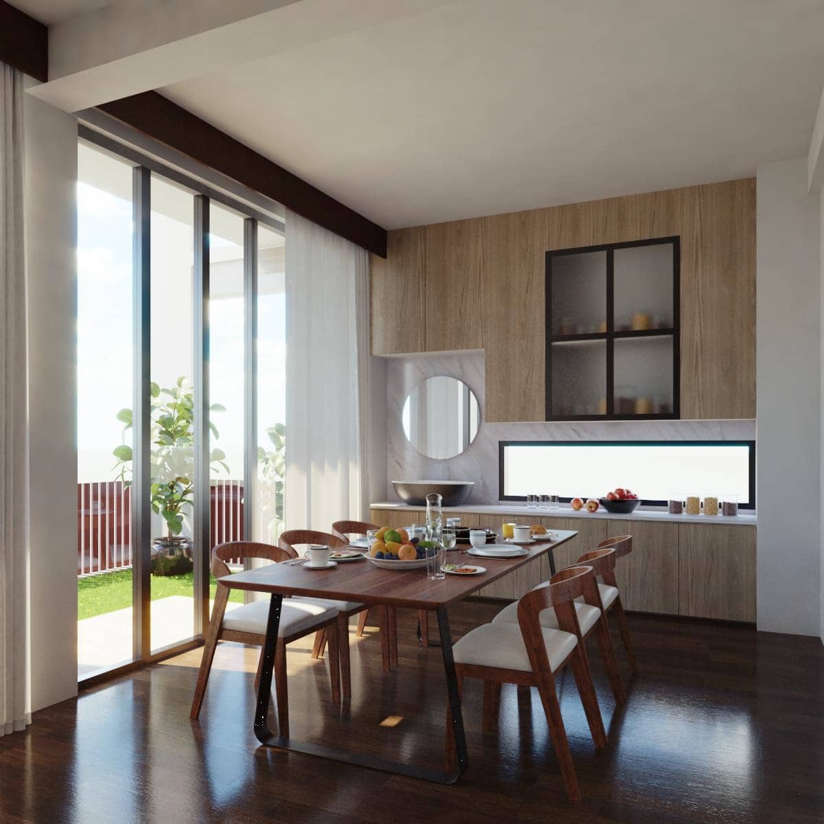 Double-height living and dining interior of a duplex residence in Bashundhara, Dhaka