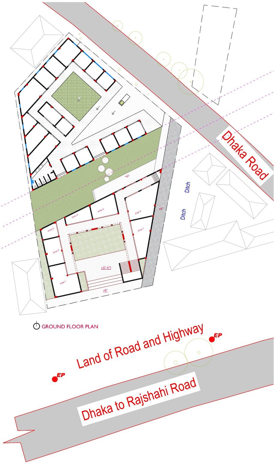 Site plan diagram showing two wings, courtyard and site access - Salanga Community Market building design, Sirajganj