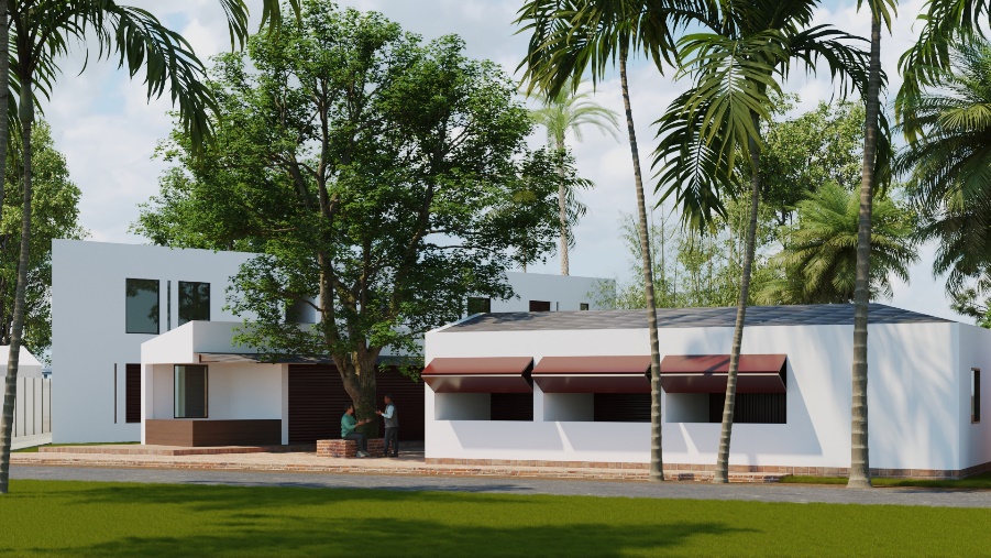 Street-side elevation of the market with shaded shopfronts and trees
