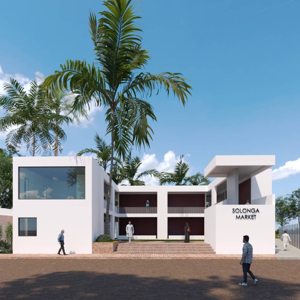 Entry pavilion of Salanga Community Market with plaza and people
