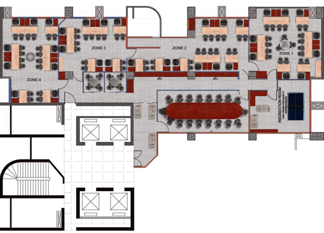 Detail of furniture and layout plan in A2i IDB Bhaban interior showing desk & storage arrangement