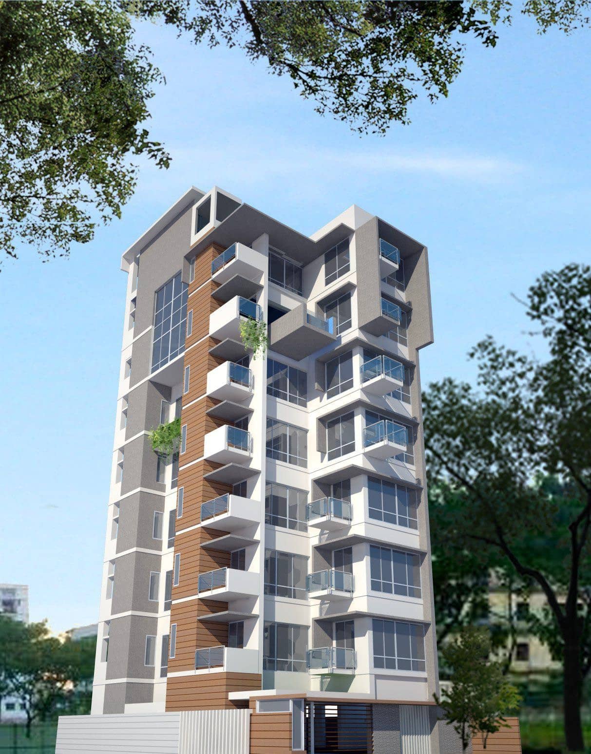Front elevation of G+7 residential building designed by Studio Archifiction in Dhaka with modern façade treatment and balconies