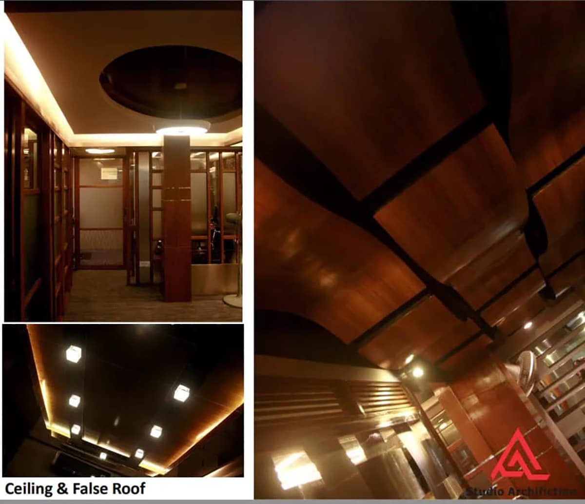 Ceiling and false ceiling design with recessed circular ceiling feature and corridor lighting - Winner Steel office interior, Nawabpur, Dhaka