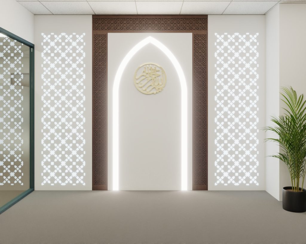 Prayer room feature wall with illuminated arch and lattice panels