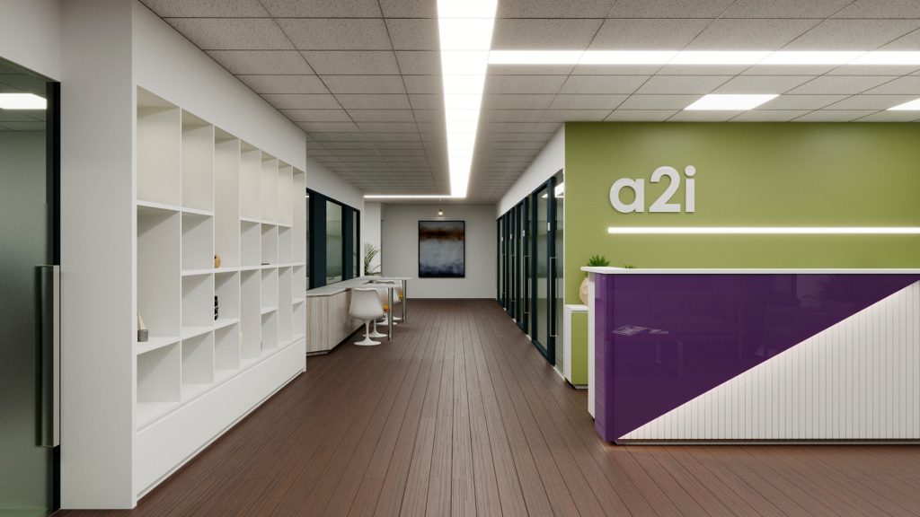 Reception counter with A2i brand wall and storage