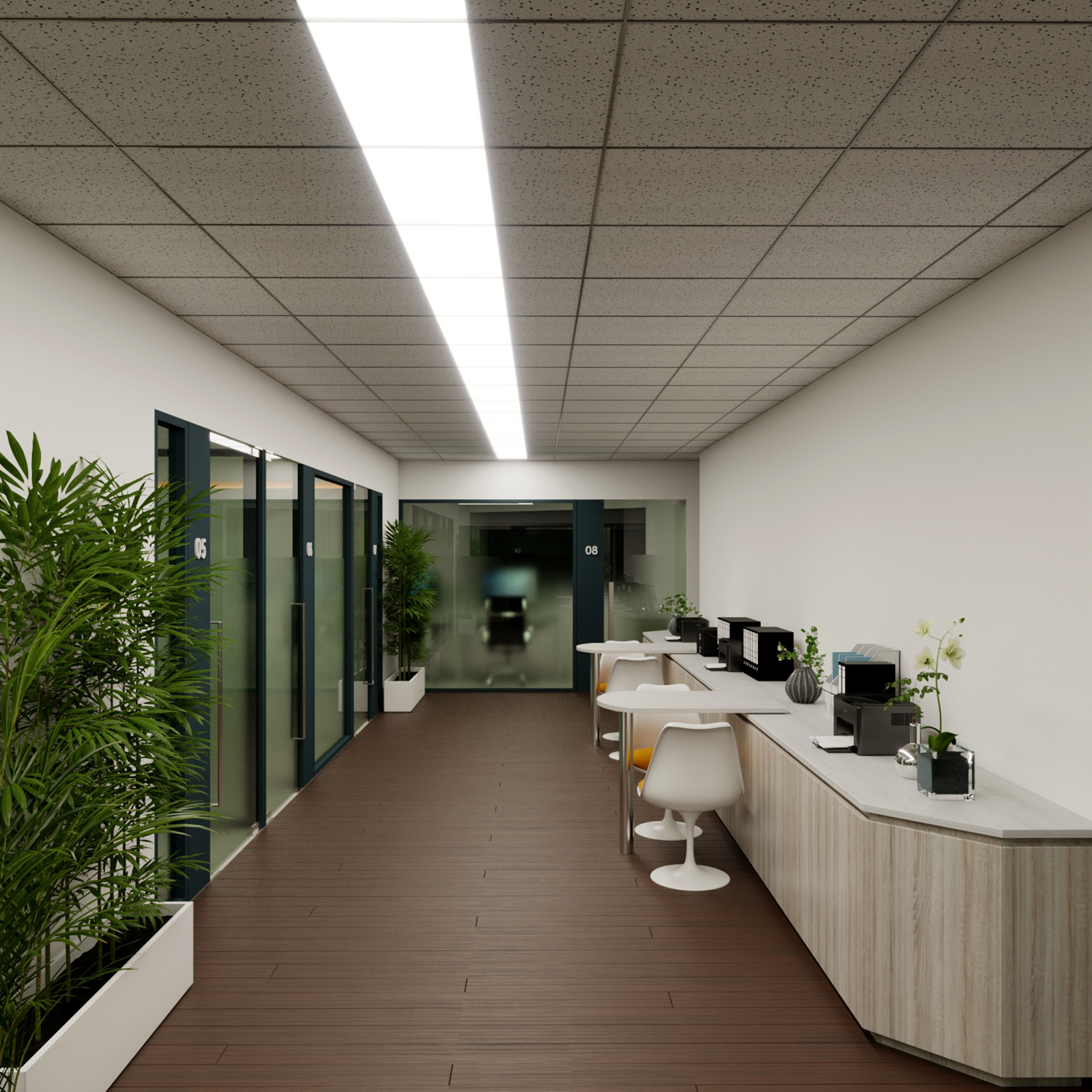 Long corridor with discussion table, curved counter and planters