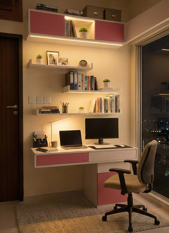 Compact home office nook with red overhead cabinets, open bookshelves, and built-in desk - residence interior design in Mirpur, Dhaka