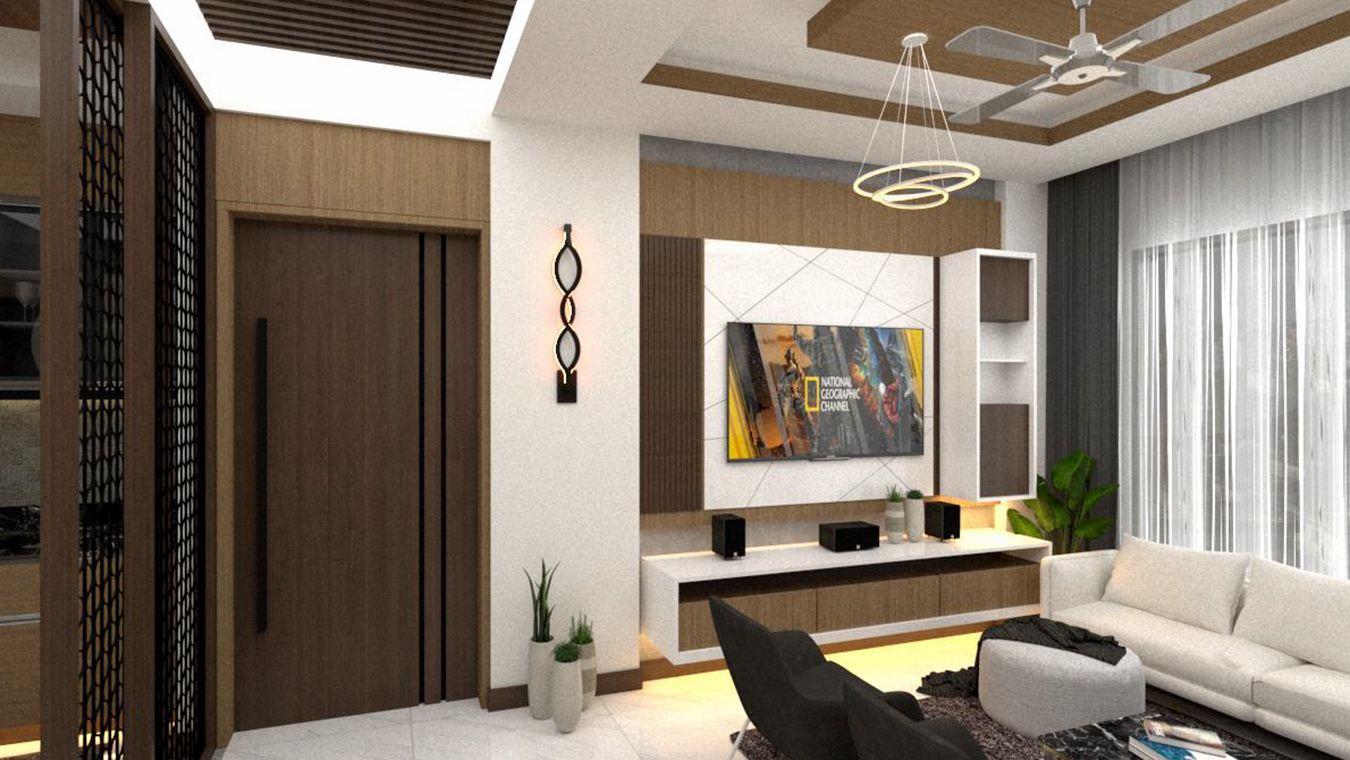 3D render of living space with TV wall, sofa, and ceiling lights