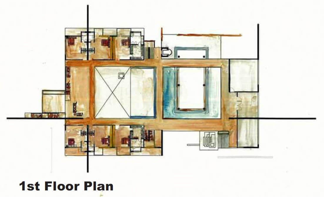 First floor plan drawing of a villa unit at Unity Complex showing bedroom layout and central courtyard, Purbachal, Dhaka