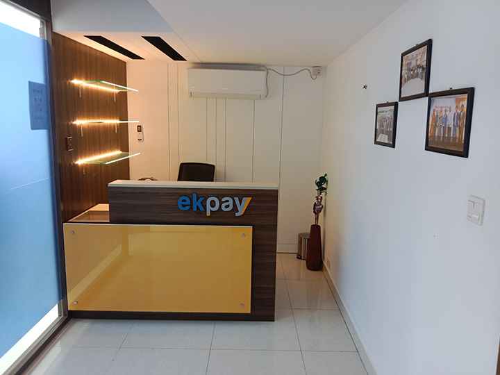 Reception desk with branding at Ek-Pay corporate office interior