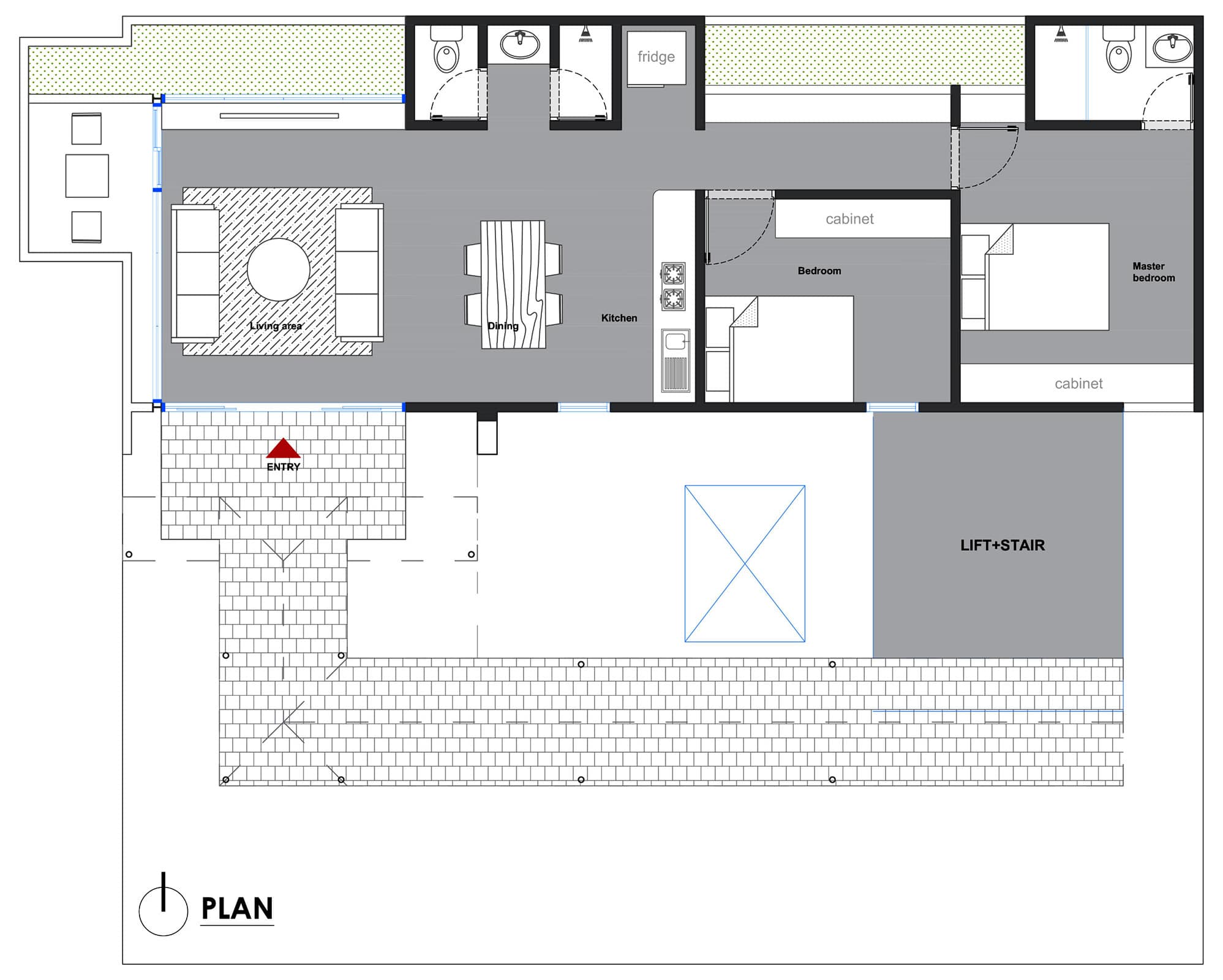 Rooftop floor plan showing living, bedroom, small kitchen layout, dining room design ideas and green terrace in Adabor Dhaka - Aziz Villa rooftop building design, Adabor, Dhaka
