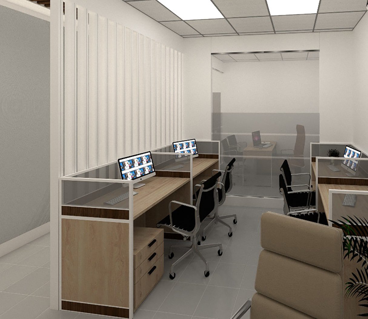 Row of compact workstations with low partitions and light finishes in Dhaka government office interior - small office design for ERD, Planning Commission, Dhaka
