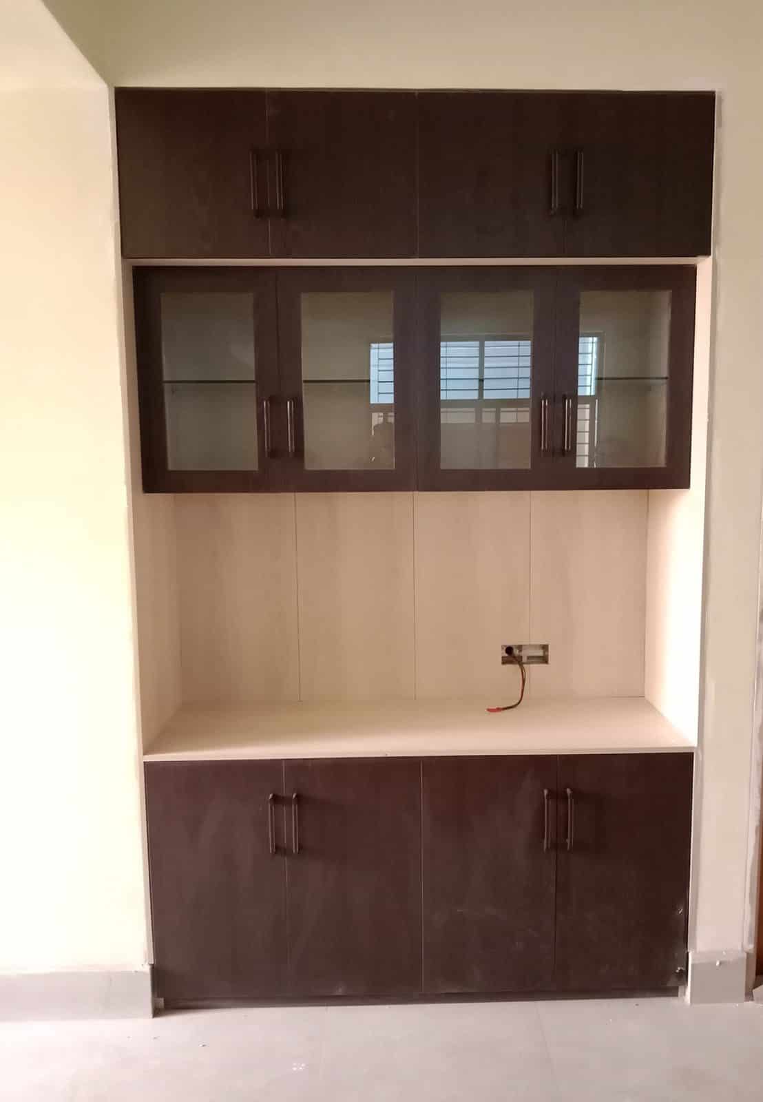 Custom cabinetry and counter design with glass and board - duplex residence interior design, Bashundhara, Dhaka