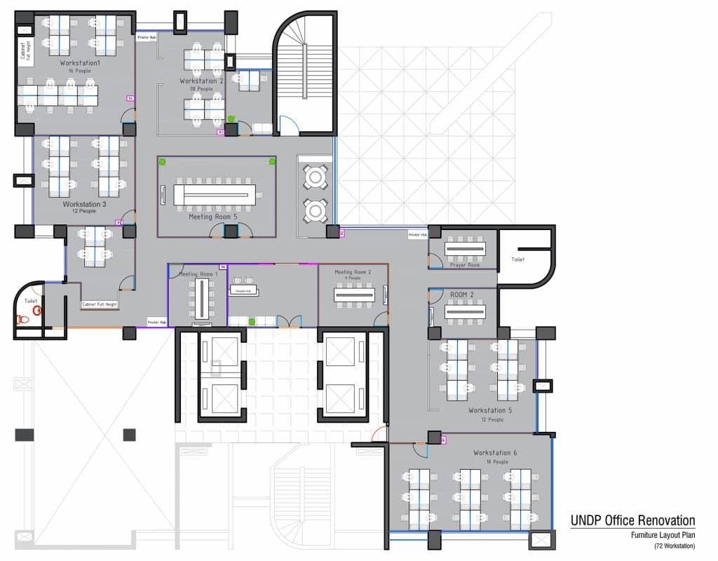 Office renovation floor plan for UNDP workspace at IDB Bhaban showing workstation layout, meeting rooms and circulation zones