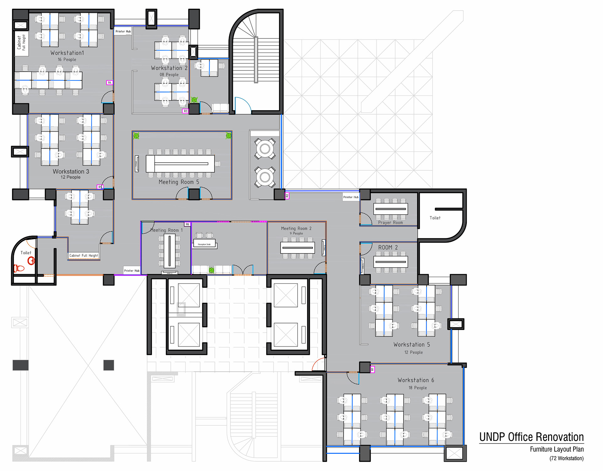 Office renovation floor plan for UNDP workspace at IDB Bhaban showing workstation layout, meeting rooms and circulation zones