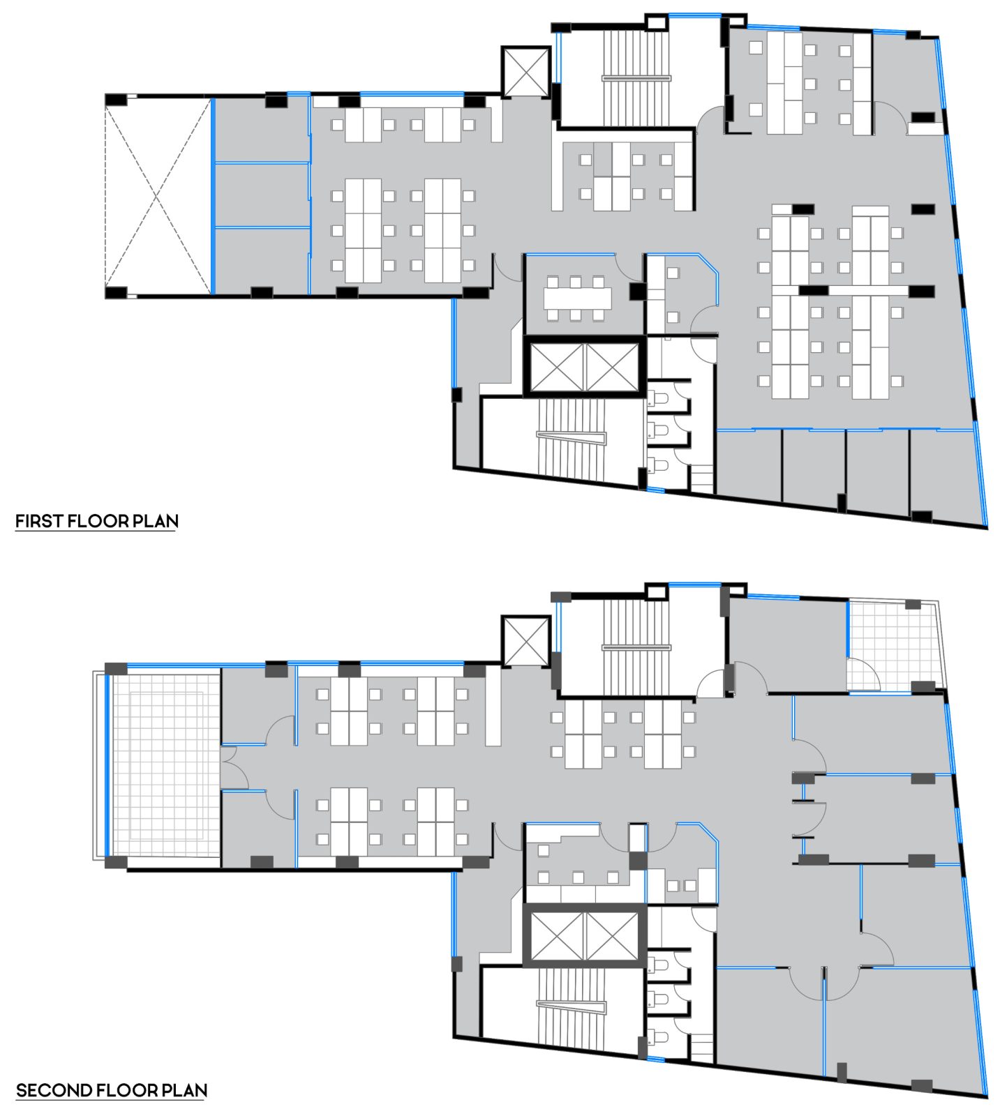 First and second floor plans with flexible team bays, meeting rooms and vertical links