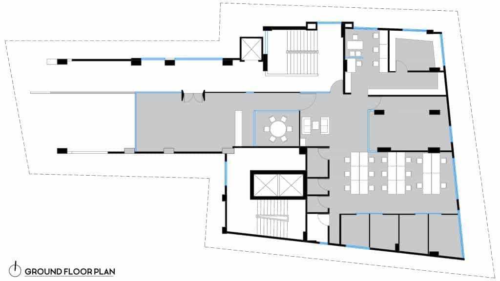 Ground floor plan showing reception, meeting room, circulation and work bays, Creative Engineers head office, Mirpur