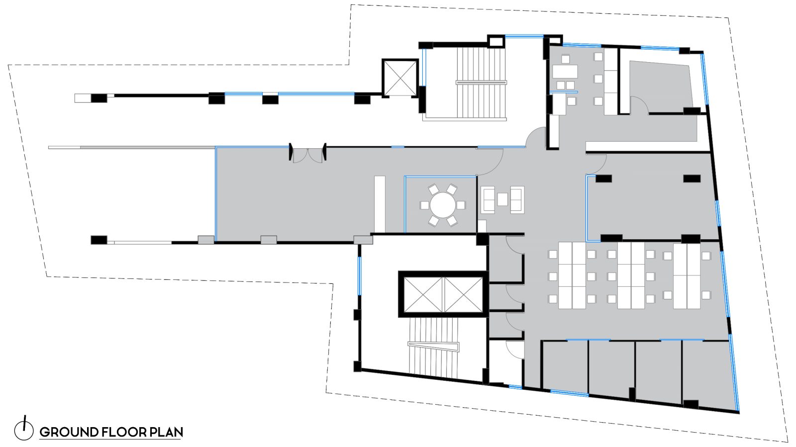 Ground floor plan showing reception, meeting room, clear circulation and work bays for 10,500 sft office