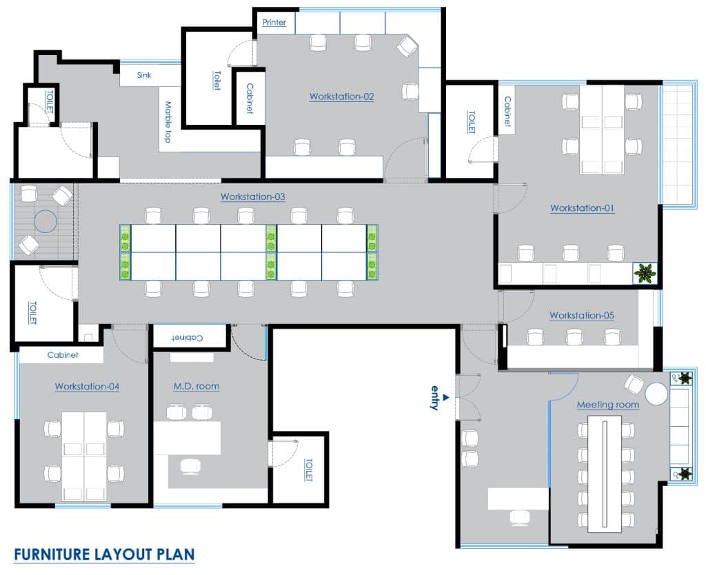 Furniture layout with workstations, meeting room, MD room and clear entry circulation, Ek-Pay office interior design, Mohakhali DOHS, Dhaka