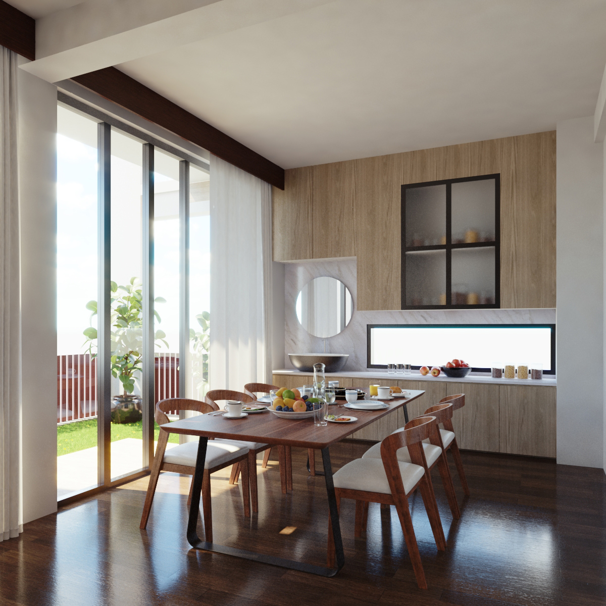 Dining area with garden view designed by Studio Archifiction, featuring wooden finishes and large windows