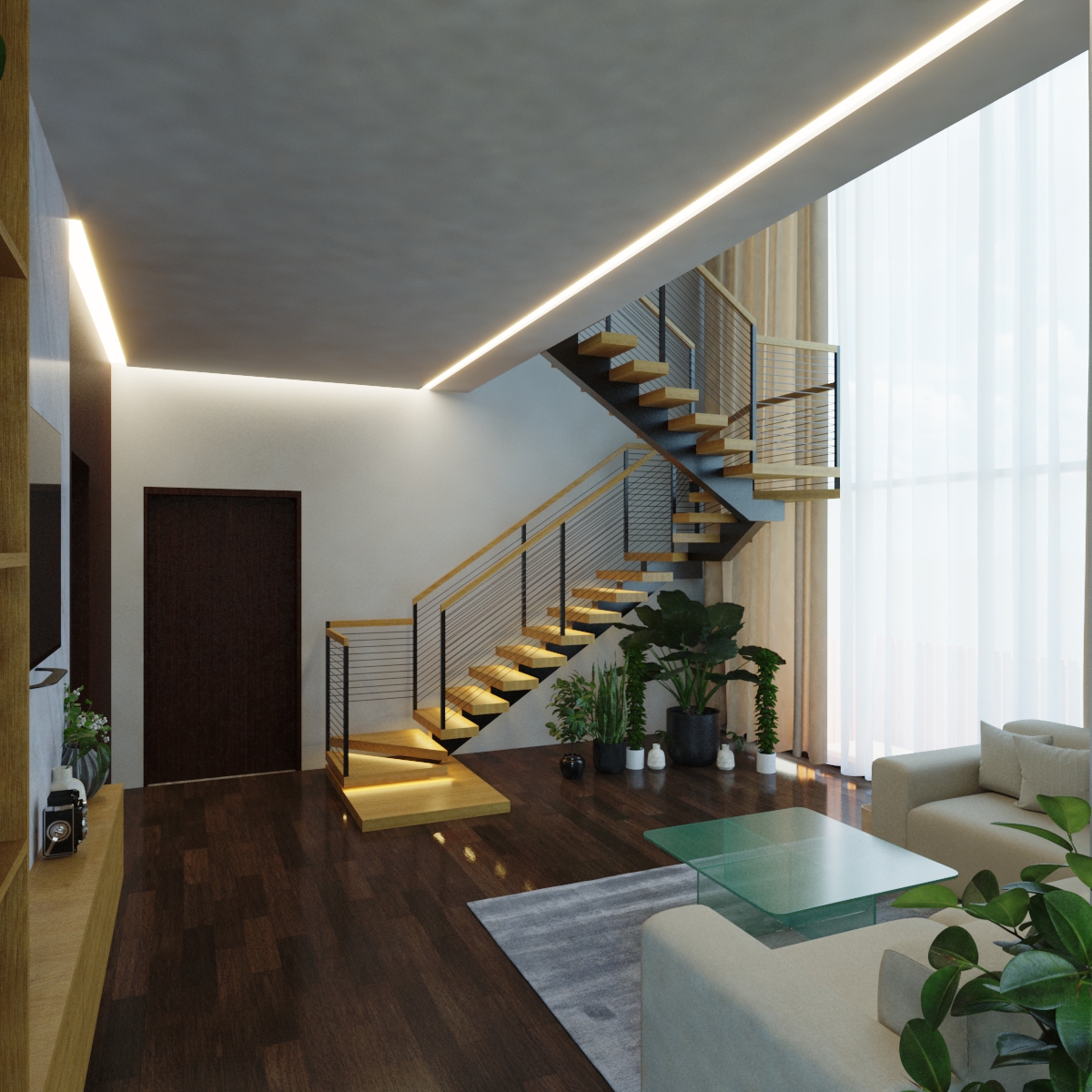 Double-height living area with Schluter-detailed staircase