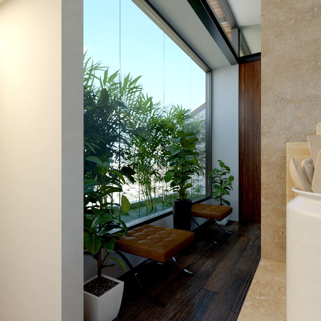 Cozy sitting area beside corridor circulation and planted offset in rooftop residence interior design - Aziz Villa rooftop building design, Adabor, Dhaka