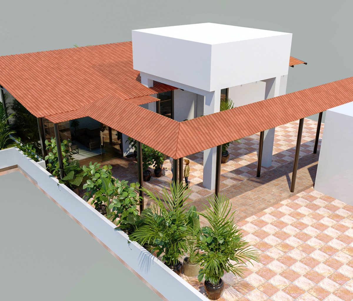 Bird’s-eye view of Aziz Villa rooftop entry, green terrace and building mass showing modern apartment roof design in Adabor Dhaka - Aziz Villa rooftop building design, Adabor, Dhaka