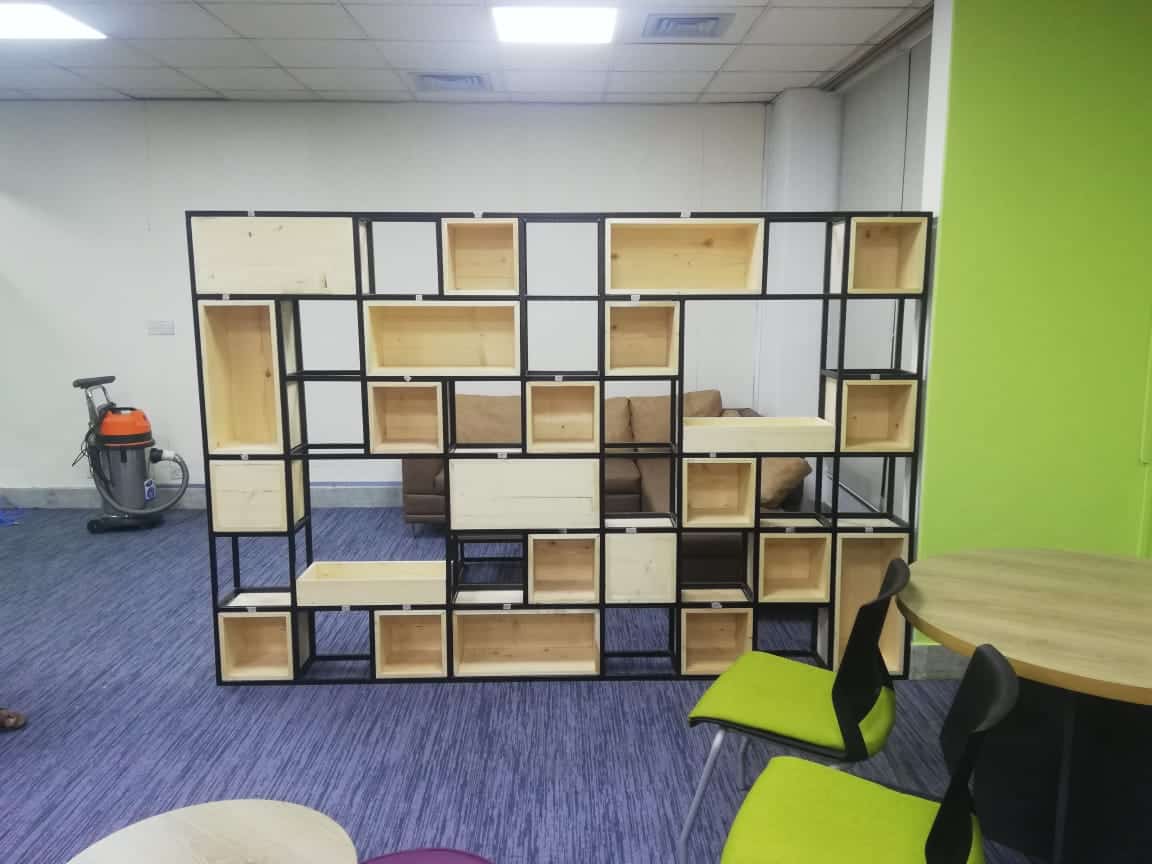Modular storage partition wall made with karosin wood and ms steel, furniture in Bangladesh. - UNCDF FinLab open office design, IDB Bhaban, Dhaka