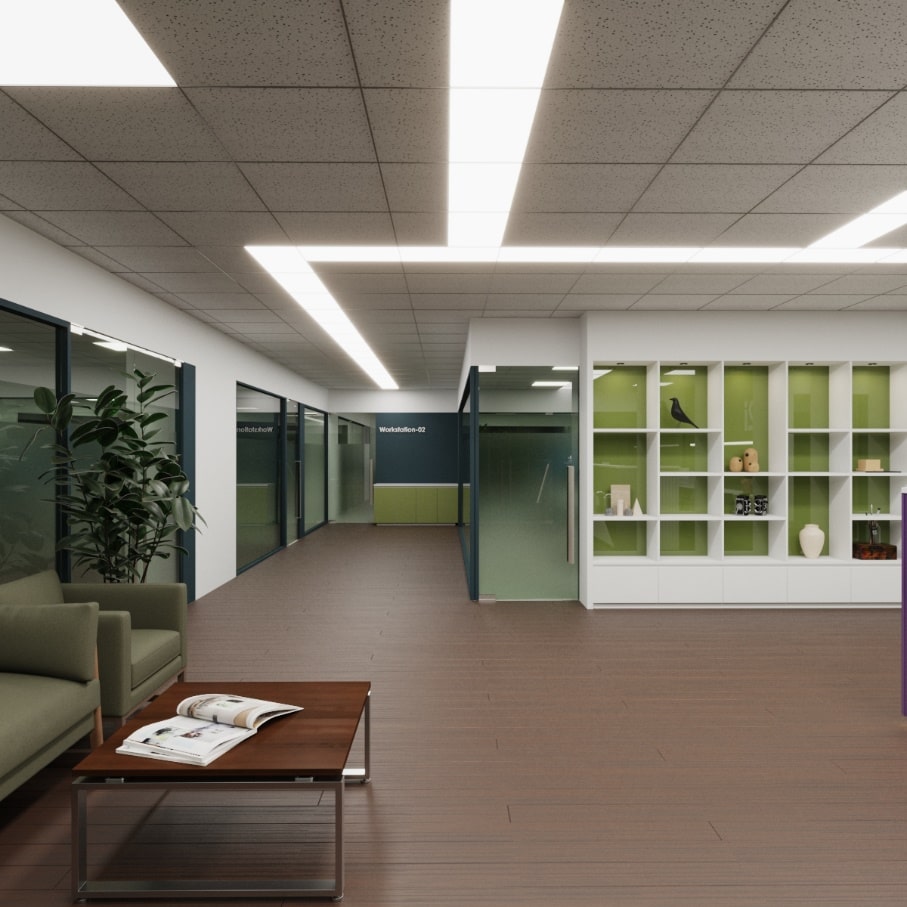 Lobby with shelving display, seating and green accent