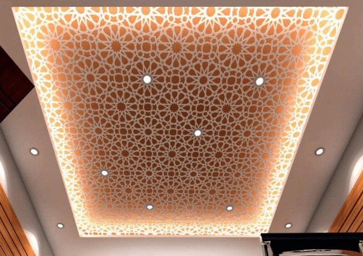 Wooden ceiling design with patterned lighting in office interior