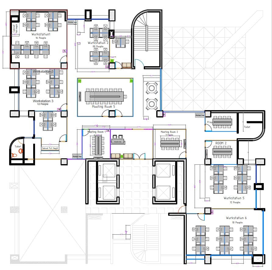 Floor plan showing workstation bays, meeting rooms and circulation for office renovation