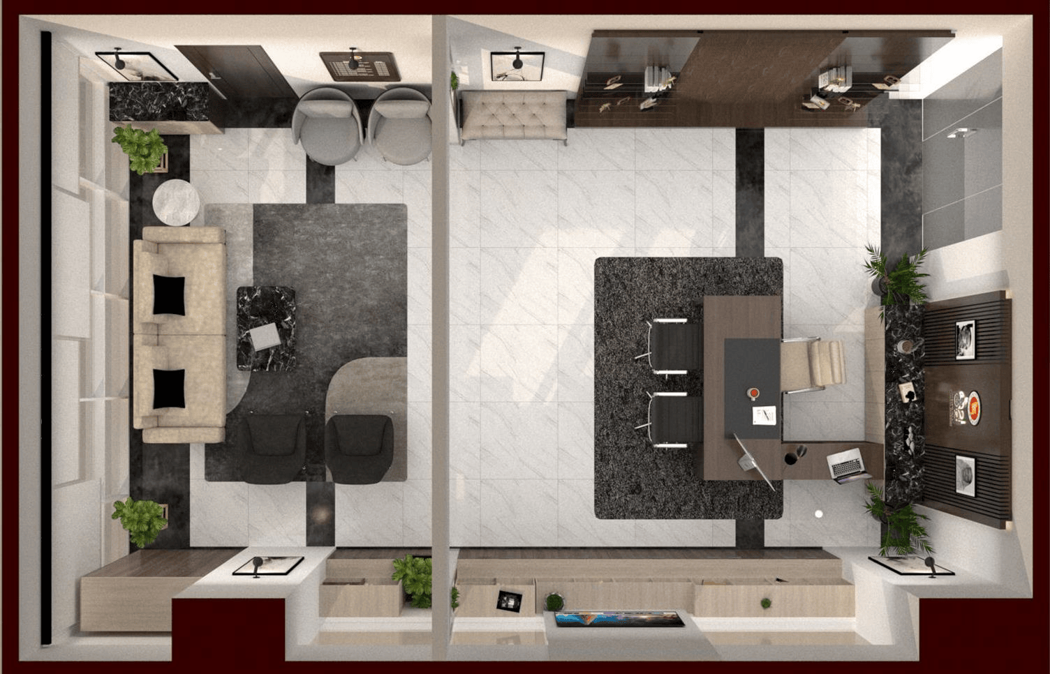 Floor plan of executive office interior with desk and seating arrangement