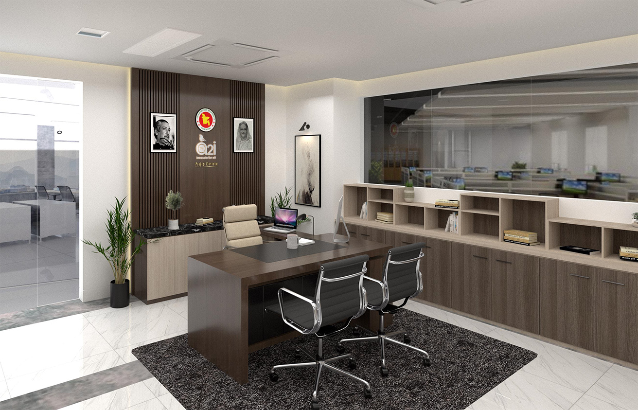 3D view Modern executive office desk facing the entry with storage and task lighting at ICT Tower, Dhaka