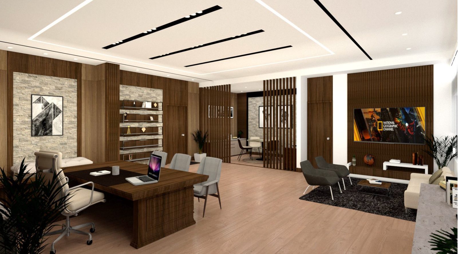 3D render of the Project Director's Room lounge area with TV wall unit and seating, SPARRSO office renovation, Agargaon, Dhaka