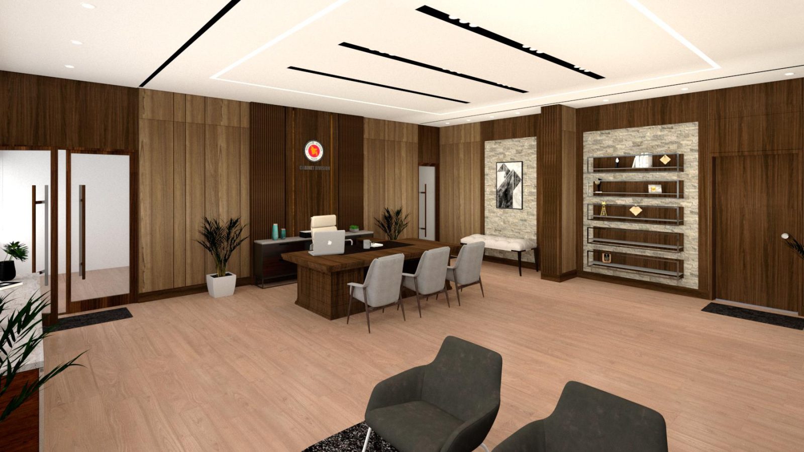 3D render of the Project Director's Room showing wood-paneled walls, display shelving, and seating area, SPARRSO office renovation, Agargaon, Dhaka