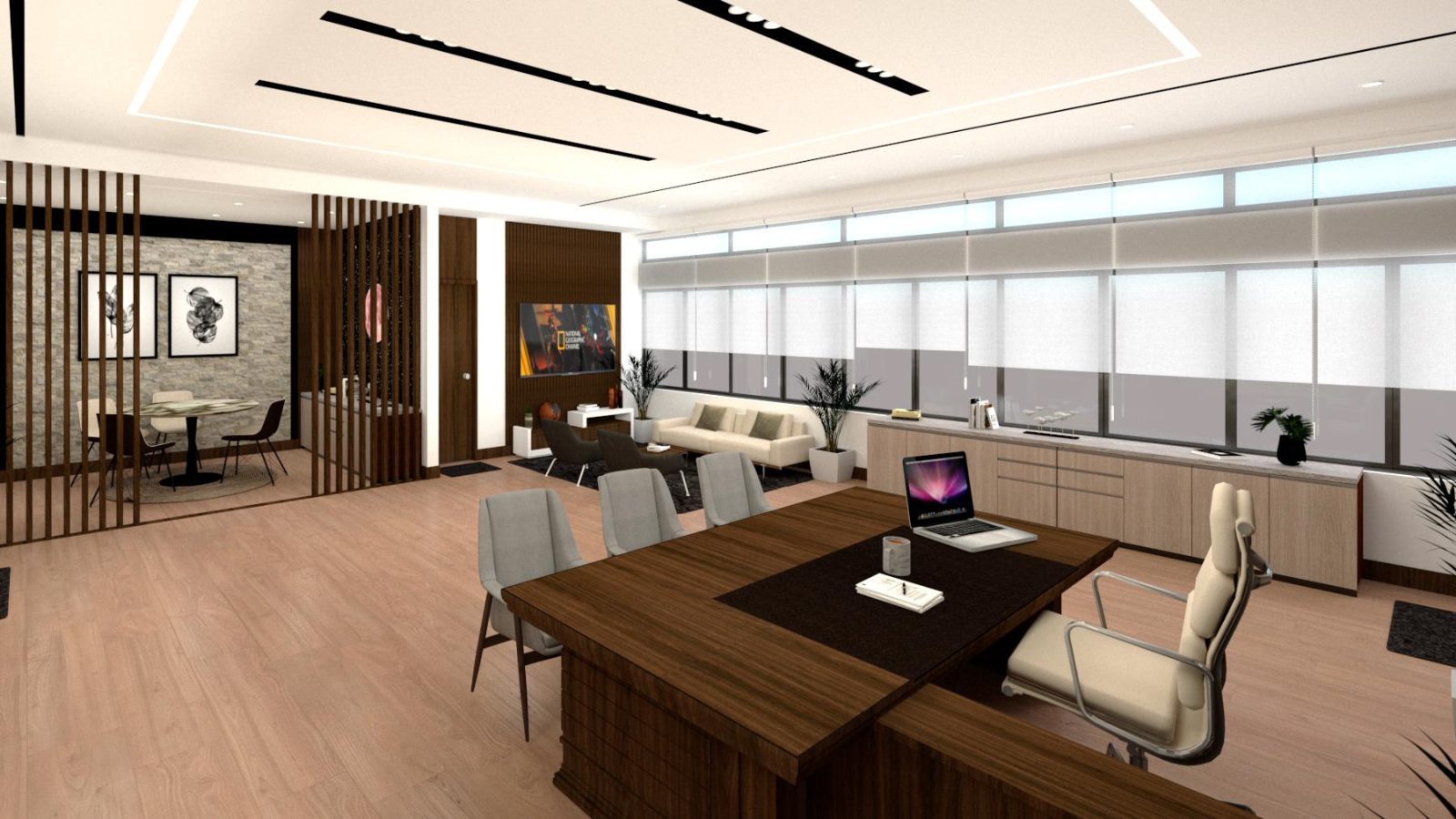 3D render of the Project Director's Room with executive desk, lounge seating, and dining area, SPARRSO office renovation, Agargaon, Dhaka