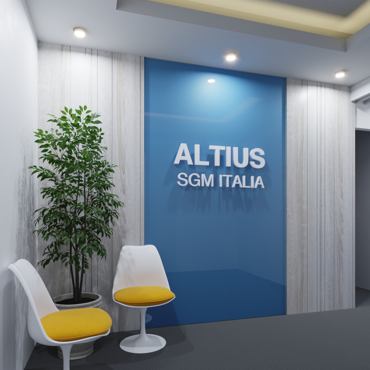 Entry zone with brand wall, seating and planters — small office interior design for startups, Dhaka