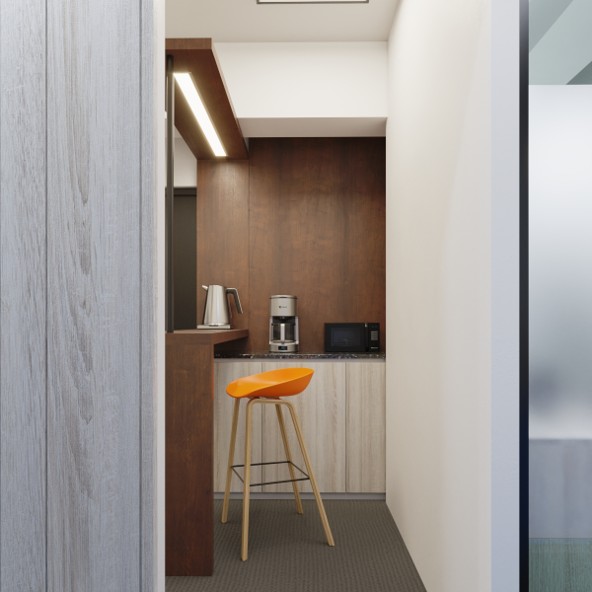 Compact office pantry with counter, overhead beam and bar stool — Office pantry design