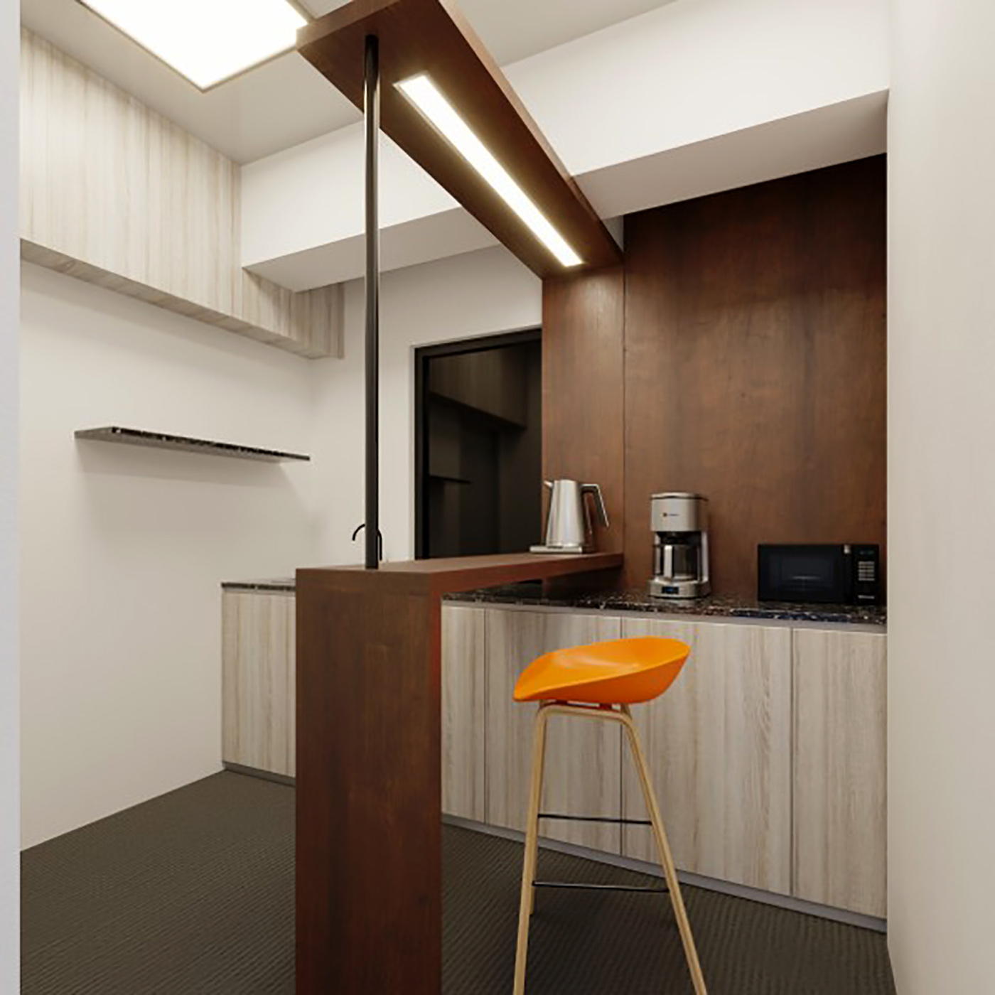 Pantry counter with wood panel, soffit lighting and appliances — modern office design ideas