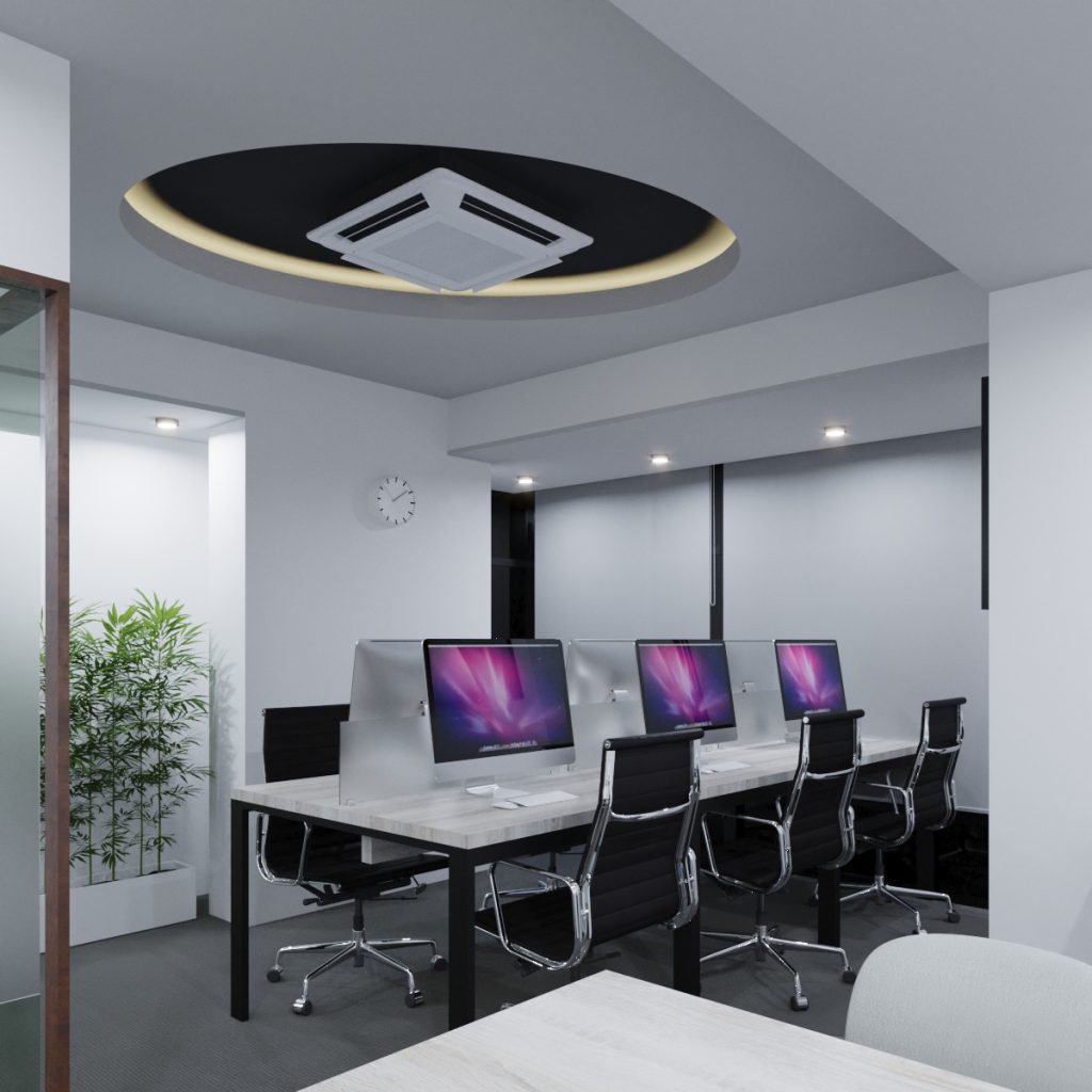 Workstation bay with circular ceiling and cassette AC — examples of workstation design