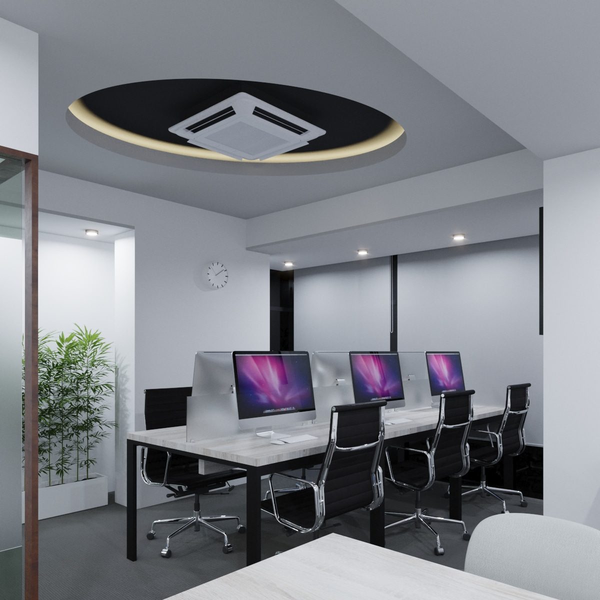 Workstation bay with circular ceiling and cassette AC — examples of workstation design - ALTIUS small office interior design, Khilgaon, Dhaka