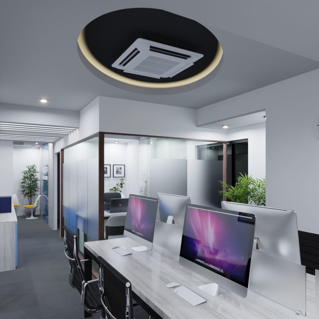 Open workspace with modular desks, glass partitions and ring ceiling — small office design idea