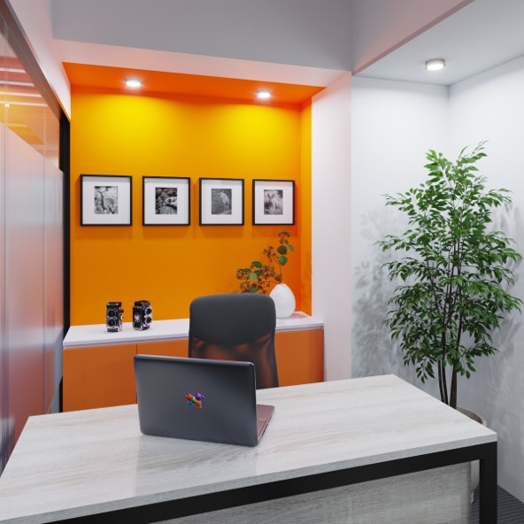 MD room with accent wall, compact executive desk and storage — modern office design ideas